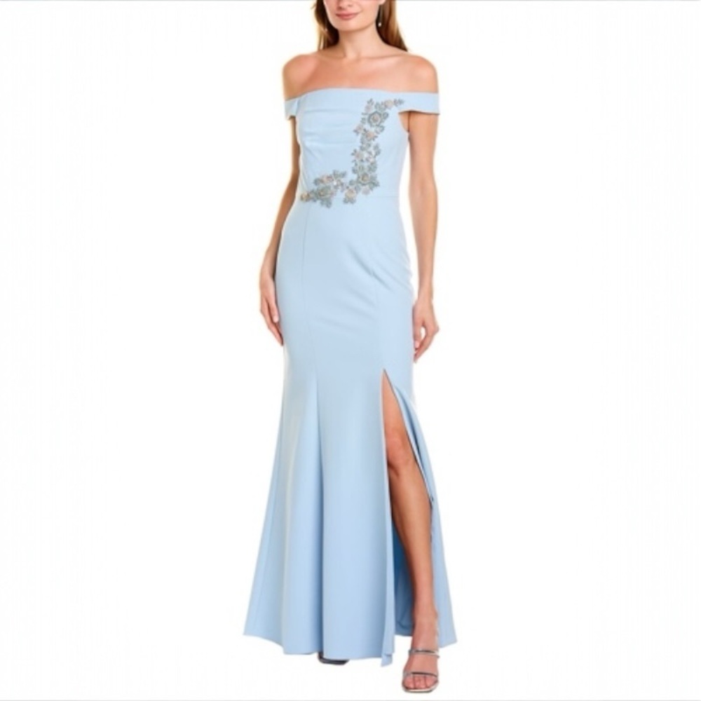 US 12 AIDAN MATTOX Off-the-shoulder appliquéd crepe gown NWT